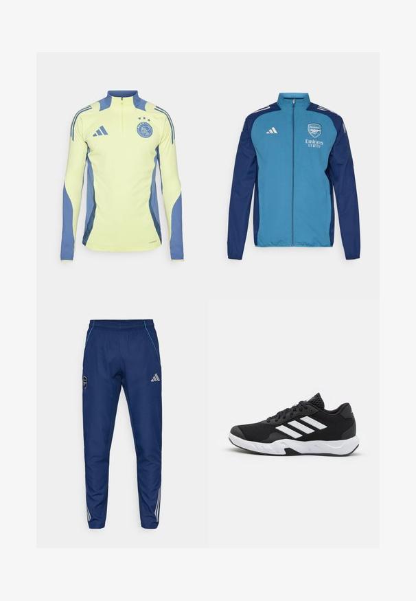 Blå og marineblå zip-up jakke med Arsenal-logo, "Emirates" branding og hvide Adidas-striber på skuldrene. Glat tekstur, atletisk pasform.; Langærmet atletisk top i fluorescerende gul med blå siden paneler, en halv lynlås krave og et logo med stjerner på brystet.; Navy joggerbukser lavet af letvægtsstof, med en blå accent, logo-patch og tre hvide striber langs de nederste ben.; Sorte atletiksko med en tekstureret mesh-overdel, hvide accentstriber, en polstret sål og en forstærket hæl for støtte.
