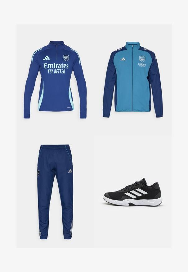Blå og marineblå hettejakke med glidelås som har Arsenal-logo, "Emirates"-merkevare og hvite Adidas-striper på skuldrene. Glatt tekstur, atletisk passform.; adidas Performance ARSENAL FC 24/25 TIRO24 - Klubbklær - night sky; Marine joggebukser laget av lett stoff, med blå aksent, logo-lapp og tre hvite striper langs underbena.; Sorte joggesko med teksturert mesh-overdel, hvite aksentstriper, en polstret såle og en forsterket hæl for støtte.