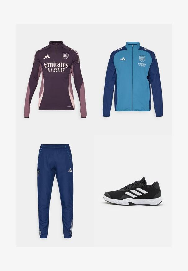 Blå og marineblå hettejakke med glidelås som har Arsenal-logo, "Emirates"-merkevare og hvite Adidas-striper på skuldrene. Glatt tekstur, atletisk passform.; Langermet treningstopp i mørkelig lilla med kontrasterende lys rosa sidestykker. Har halv-zip krage og "Emirates Fly Better" logo.; Marine joggebukser laget av lett stoff, med blå aksent, logo-lapp og tre hvite striper langs underbena.; Sorte joggesko med teksturert mesh-overdel, hvite aksentstriper, en polstret såle og en forsterket hæl for støtte.