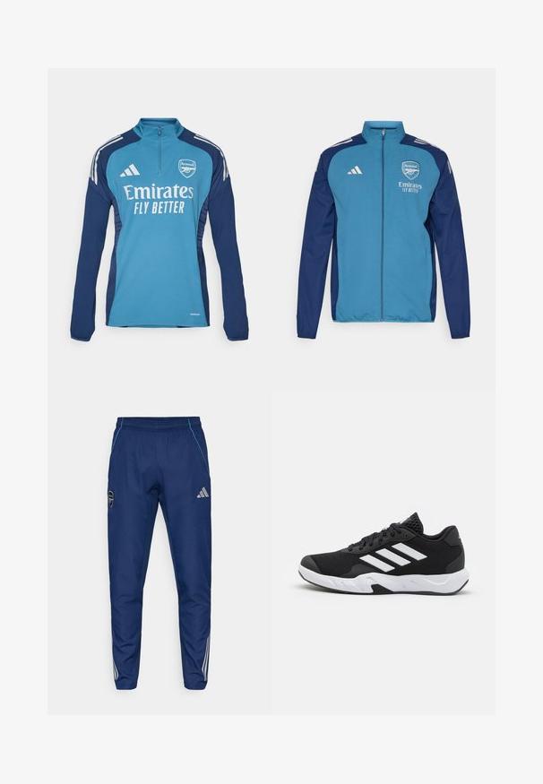 Niebieska i granatowa kurtka zapinana na zamek z logo Arsenalu, brandingiem "Emirates" oraz białymi paskami Adidas na ramionach. Gładka tekstura, sportowy krój.; Niebieska sportowa koszulka z długim rękawem i zamkiem, z logo Arsenalu oraz napisem "Emirates FLY BETTER", z granatowymi bocznymi panelami i białymi paskami.; Granatowe spodnie dresowe wykonane z lekkiego materiału, z niebieskim akcentem, naszywką z logo oraz trzema białymi paskami wzdłuż dolnej części nóg.; Czarne buty sportowe z teksturowaną siateczką u góry, białymi paskami akcentującymi, amortyzującą podeszwą i wzmocnionym piętą dla wsparcia.