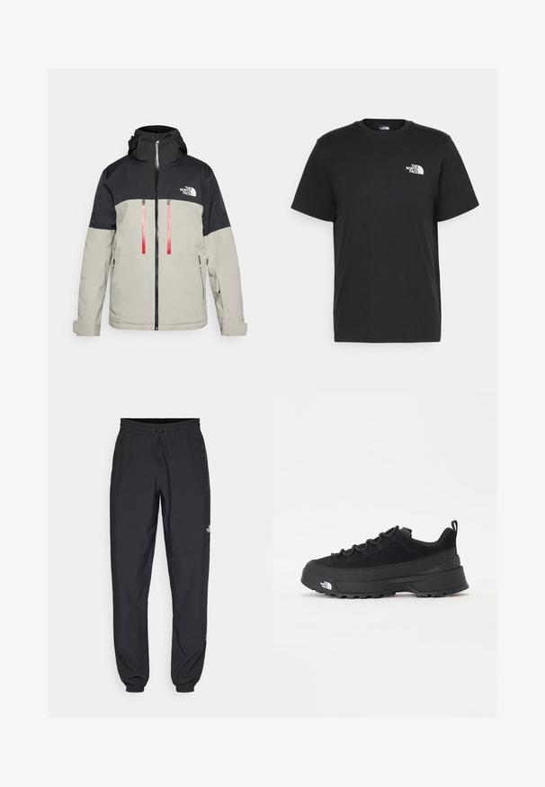 Pánská voděodolná bunda s černou horní částí, světle šedou spodní částí, dvěma předními zipovými kapsami a červenými zipovými akcenty.; Černé bavlněné tričko s krátkými rukávy, kulatým výstřihem a malým bílým logem na levém hrudníku. Jednoduchý design, hladká textura a uvolněný střih.; Černé sportovní kalhoty vyrobené z lehké tkaniny, s páskem na šňůrku, bočními kapsami a zúženými manžetami na kotnících.; Černé venkovní tenisky s horní částí ze semiše, texturovanou gumovou podrážkou a pevným šněrováním. Obsahují zesílenou patu a logo značky na boku.