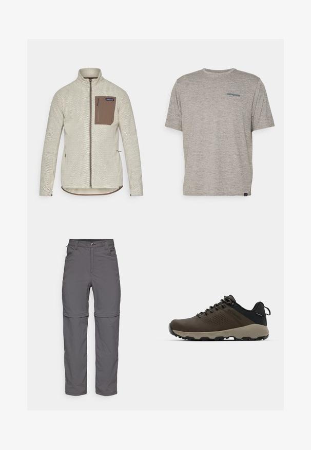 Gaiši beidzs žakets ar tekstūru, brūna rāvējslēdzēja krūšu kabata un kontrastējoši brūni rāvējslēdzēja detaļas. Garas piedurknes, stāvoša apkakle.; Pelēka īsām piedurknēm kreks, kas izgatavots no mīkstas teksturētas auduma, ar mazu zilu Patagonia logotipu kreisajā krūtī. Bez papildu rakstiem.; Pelēkas noņemamas bikses ar gludu tekstūru, kurām ir pogu aizdare, priekšējās kabatas un regulējami piedurknes, lai nodrošinātu daudzveidīgu stilu.; Brūni ūdensnecaurlaidīgi sporta apavi ar teksturētu virsu, perforētiem akcentiem, melnu papēža atbalstu un pelēku gumijas zoli. Šņores veidotas ar metāliskiem galiem.
