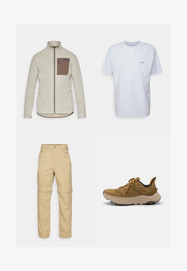 Jachetă bej deschis cu un model texturat, un buzunar pe piept cu fermoar maro și detalii de fermoar maro contrastante. Mâneci lungi, guler ridicat.; Tricou alb din bumbac cu mâneci scurte, guler rotund și un buzunar pe pieptul stâng, având un logo albastru "Patagonia". Croială clasică cu o textură netedă.; Pantaloni bej cu fermoar detașabil, cu o textură netedă, având două buzunare laterale, închidere cu buton și mansete cu rând din role pentru versatilitate.; HOKA ANACAPA 2 FREEDOM - Pantofi drumeție - wheat/oak