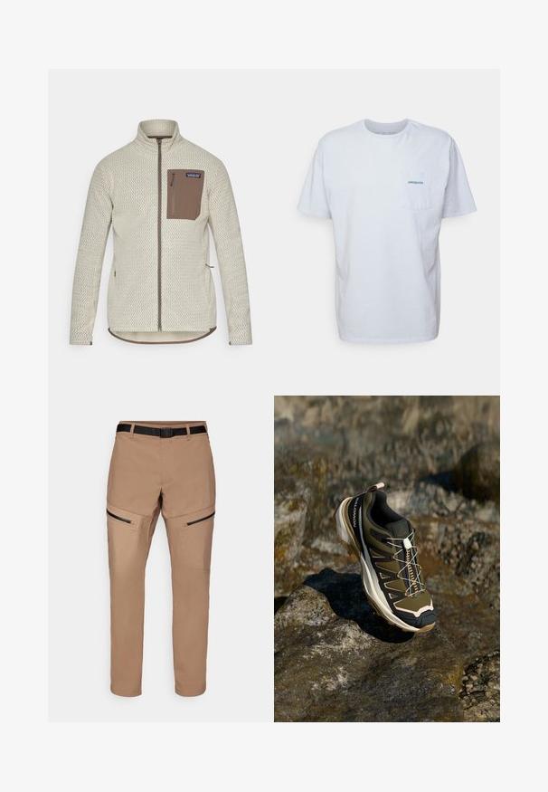 Light beige jacket with a textured pattern, a brown zippered chest pocket, and contrasting brown zipper details. Long sleeves, stand-up collar.; White cotton t-shirt with short sleeves, round neck, and a left chest pocket featuring a blue "Patagonia" logo. Classic fit with a smooth texture.; Beige hiking pants with a straight cut, featuring zippered side pockets, a durable fabric, and a black adjustable belt at the waist.; Hiking shoe in olive green and black with pink accents. Features a textured upper, flexible sole, reinforced toe cap, and colorful lacing system.