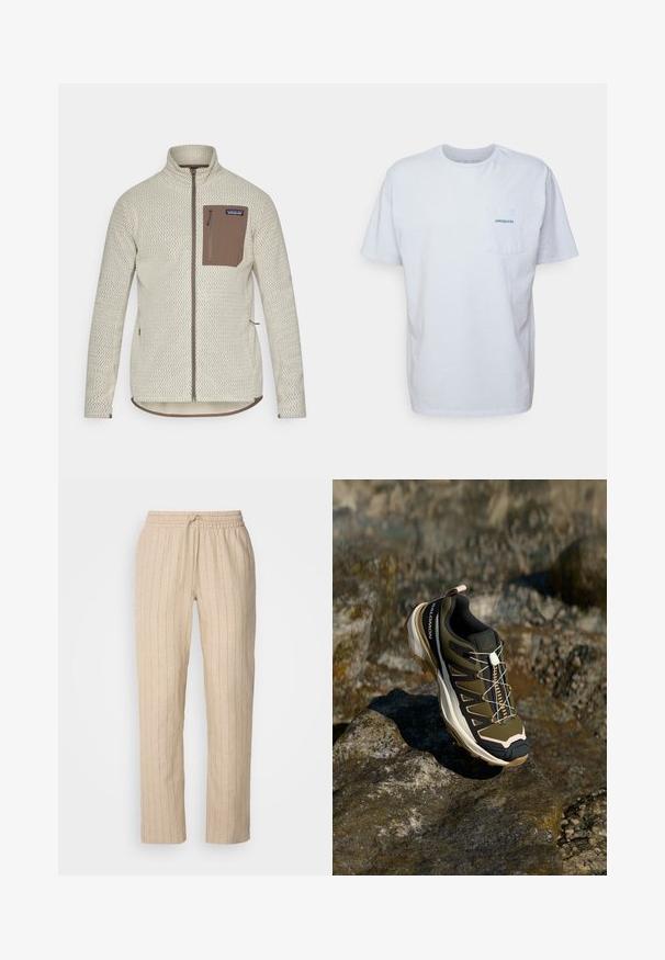 Light beige jacket with a textured pattern, a brown zippered chest pocket, and contrasting brown zipper details. Long sleeves, stand-up collar.; White cotton t-shirt with short sleeves, round neck, and a left chest pocket featuring a blue "Patagonia" logo. Classic fit with a smooth texture.; Beige linen trousers with vertical stripes, featuring an elastic waistband and drawstring, straight leg design, and smooth texture.; Hiking shoe in olive green and black with pink accents. Features a textured upper, flexible sole, reinforced toe cap, and colorful lacing system.