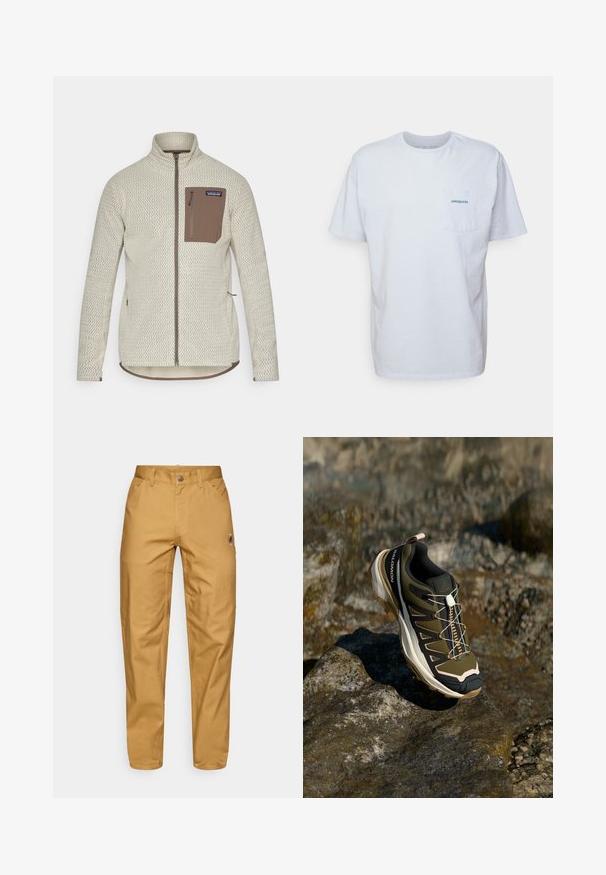 Világos bézs dzseki texturált mintával, barna cipzáras mellzsebbel és kontrasztos barna cipzár részletekkel. Hosszú ujjú, állógalléros.; Fehér pamut póló rövid ujjakkal, kerek nyakkal és bal oldalon elhelyezett zsebbel, amelyen egy kék "Patagonia" logó található. Klasszikus szabású, sima textúrával.; Férfi világosbarna munkanadrág, elülső zsebekkel, övhurkokkal, gombos záródással és egy kis kör alakú logóval a jobb combján.; Olívazöld és fekete túrabakancs rózsaszín részletekkel. Jellemzői közé tartozik a texturált felsőrész, a rugalmas talp, a megerősített orr- és a színes fűzőrendszer.