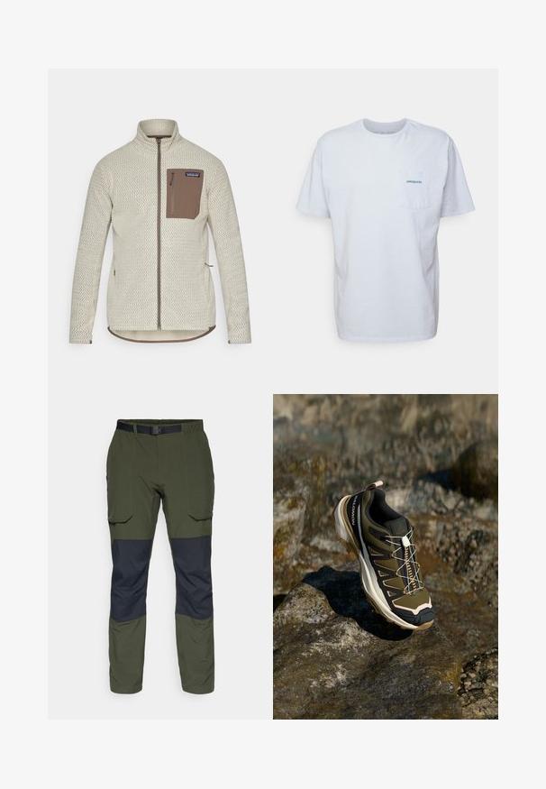 Ανοιχτό μπεζ σακάκι με υφασμάτινο σχέδιο, καφέ τσεπάκι με φερμουάρ στο στήθος και αντίθετες καφέ λεπτομέρειες φερμουάρ. Μακριά μανίκια, όρθιος γιακάς.; Λευκό βαμβακερό t-shirt με κοντά μανίκια, στρογγυλή λαιμόκοψη και τσέπη στο αριστερό στήθος με το μπλε λογότυπο "Patagonia". Κλασική εφαρμογή με ομαλή υφή.; Columbia LANDROAMER™ UTILITY PANT II - Παντελόνι εξωτερικού χώρου - greenscape/black; Πεζοπορικά παπούτσια σε ελιά πράσινο και μαύρο χρώμα με ροζ λεπτομέρειες. Διαθέτουν υφή στην επάνω πλευρά, ευέλικτη σόλα, ενισχυμένη λοξότμητη μύτη και πολύχρωμο σύστημα κορδονιών.