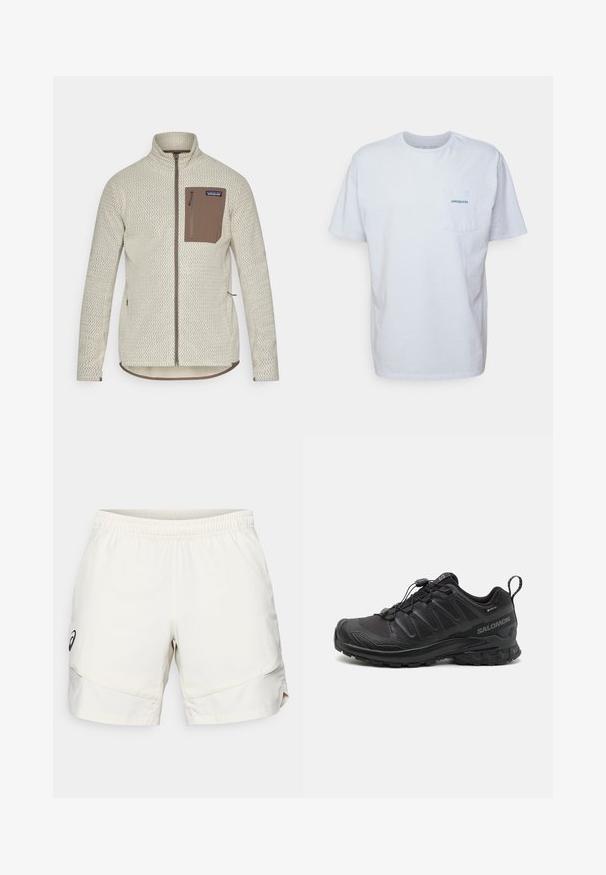 Hellbeige Jacke mit strukturiertem Muster, einer braunen Reißverschlusstasche auf der Brust und kontrastierenden braunen Reißverschlüssen. Lange Ärmel, Stehkragen.; Weißes Baumwoll-T-Shirt mit kurzen Ärmeln, Rundhalsausschnitt und einer linken Brusttasche, die ein blaues "Patagonia"-Logo aufweist. Klassische Passform mit glatter Textur.; Helle beige Sportshorts mit elastischem Bund, Seitentaschen und einem dezenten schwarzen Logo auf der linken Seite. Glatte Stoffoberfläche.; Schwarzer Sportschuh mit einer strukturierten, synthetischen Oberseite, gepolsterten Sohle und einem schnellen Schnürsystem. Verfügt über eine verstärkte Zehen- und Fersenkappe.