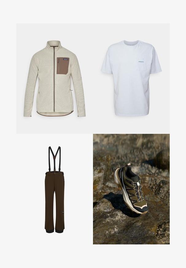 Light beige jacket with a textured pattern, a brown zippered chest pocket, and contrasting brown zipper details. Long sleeves, stand-up collar.; White cotton t-shirt with short sleeves, round neck, and a left chest pocket featuring a blue "Patagonia" logo. Classic fit with a smooth texture.; Brown snowboard pants with adjustable black suspenders, zippered pockets, reinforced hems, and a logo patch on the thigh.; Hiking shoe in olive green and black with pink accents. Features a textured upper, flexible sole, reinforced toe cap, and colorful lacing system.