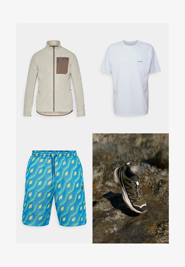 Chaqueta de un beige claro con un patrón texturizado, un bolsillo en el pecho con cremallera marrón y detalles de cremallera marrón en contraste. Manga larga, collar de pie.; Camiseta de algodón blanca de manga corta, con cuello redondo y un bolsillo en el pecho izquierdo que presenta un logotipo azul de "Patagonia". Corte clásico con una textura suave.; Bañador azul con un patrón geométrico en verde y amarillo, que presenta una cintura elástica, cordón y un pequeño parche con logo.; Zapato de senderismo en verde oliva y negro con toques de rosa. Cuenta con una parte superior texturizada, suela flexible, capuchón de punta reforzado y un sistema de cordones colorido.