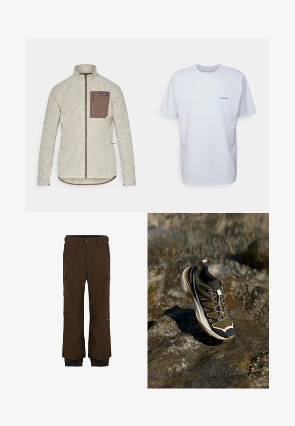 Light beige jacket with a textured pattern, a brown zippered chest pocket, and contrasting brown zipper details. Long sleeves, stand-up collar.; White cotton t-shirt with short sleeves, round neck, and a left chest pocket featuring a blue "Patagonia" logo. Classic fit with a smooth texture.; Brown waterproof pants with black accents. Features cargo pockets, a zippered pocket, and elastic cuffs. Made from durable material.; Hiking shoe in olive green and black with pink accents. Features a textured upper, flexible sole, reinforced toe cap, and colorful lacing system.