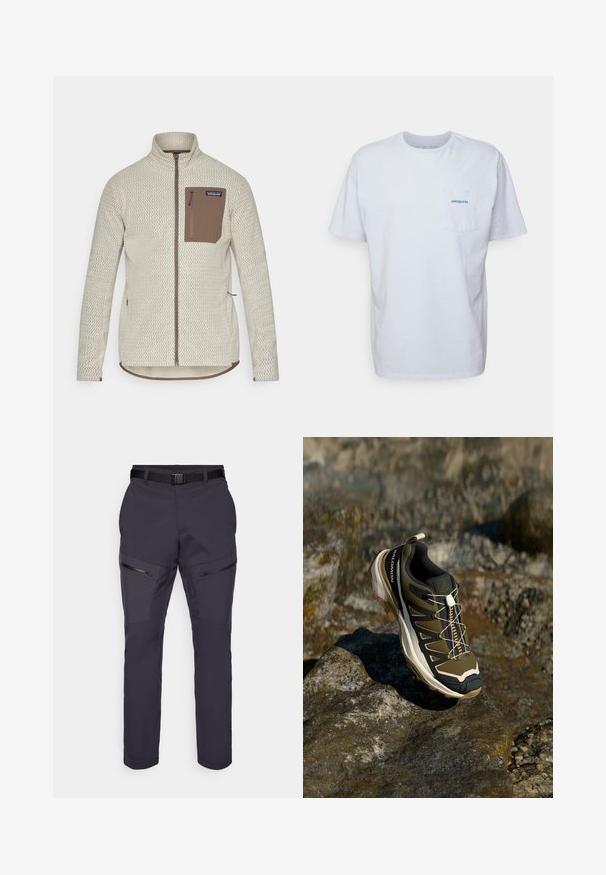 Chaqueta de un beige claro con un patrón texturizado, un bolsillo en el pecho con cremallera marrón y detalles de cremallera marrón en contraste. Manga larga, collar de pie.; Camiseta de algodón blanca de manga corta, con cuello redondo y un bolsillo en el pecho izquierdo que presenta un logotipo azul de "Patagonia". Corte clásico con una textura suave.; Pantalones exteriores de color azul marino oscuro con un ajuste slim, cuentan con bolsillos con cremallera, parches de rodilla reforzados y una cintura ajustable. Material ligero.; Zapato de senderismo en verde oliva y negro con toques de rosa. Cuenta con una parte superior texturizada, suela flexible, capuchón de punta reforzado y un sistema de cordones colorido.