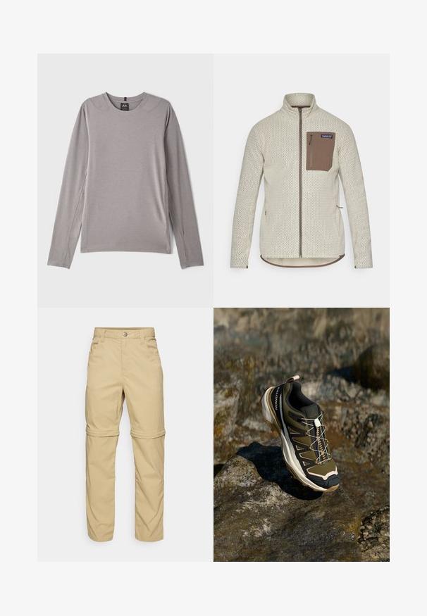 Light beige jacket with a textured pattern, a brown zippered chest pocket, and contrasting brown zipper details. Long sleeves, stand-up collar.; Gray long-sleeve shirt featuring a rounded neckline, side slits, and smooth, stretchy fabric. Minimalist design with no patterns or embellishments.; Beige zip-off pants with a smooth texture, featuring two side pockets, a button closure, and roll-up cuffs for versatility.; Hiking shoe in olive green and black with pink accents. Features a textured upper, flexible sole, reinforced toe cap, and colorful lacing system.