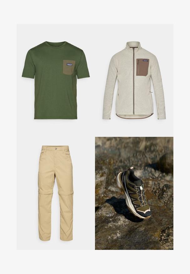 Ανοιχτό μπεζ σακάκι με υφασμάτινο σχέδιο, καφέ τσεπάκι με φερμουάρ στο στήθος και αντίθετες καφέ λεπτομέρειες φερμουάρ. Μακριά μανίκια, όρθιος γιακάς.; Patagonia DAILY POCKET TEE - Βασικό μπλουζάκι - torrey pine green; Μπεζ παντελόνια με φερμουάρ που έχουν λεία υφή, διαθέτουν δύο πλαϊνές τσέπες, κλείσιμο με κουμπί και μανσέτες που αναδιπλώνονται για μεγαλύτερη ευελιξία.; Πεζοπορικά παπούτσια σε ελιά πράσινο και μαύρο χρώμα με ροζ λεπτομέρειες. Διαθέτουν υφή στην επάνω πλευρά, ευέλικτη σόλα, ενισχυμένη λοξότμητη μύτη και πολύχρωμο σύστημα κορδονιών.