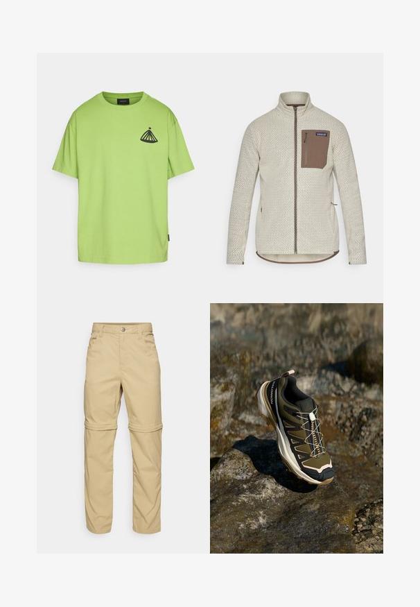 Jaqueta bege clara com um padrão texturizado, um bolso no peito com fecho éclair castanho e detalhes em fecho éclair castanho em contraste. Mangas longas, colarinho levantado.; Peak Performance GRAPHIC TEE - T-shirt estampada - stand out green; Calças bege com fecho de zip, com uma textura suave, apresentando dois bolsos laterais, um fecho de botão e punhos que se podem enrolar para maior versatilidade.; Calçado de caminhada em verde-oliva e preto com detalhes em rosa. Apresenta um cabedal texturizado, sola flexível, ponta reforçada e um sistema de atacadores coloridos.
