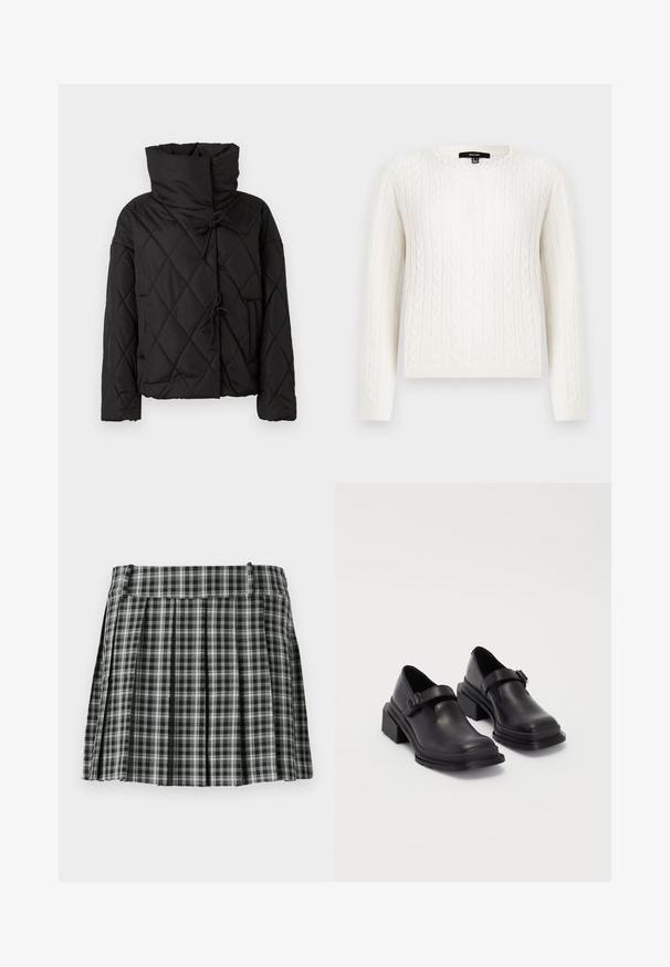 Veste matelassée noire avec col haut, dotée de fermetures à cordon et de deux poches avant. Texture douce et coupe oversize.; Pull en maille blanche avec des manches longues, un col rond et un accent décoratif en perles au niveau du col. Texture douce et design ajusté.; Jupe plissée à carreaux noir et blanc avec une taille lisse et de multiples plis verticaux. Fabriquée en tissu léger.; Chaussures en cuir noir avec un bout arrondi, semelle plate et une sangle avec une boucle décorative. Talon épais pour plus de stabilité.
