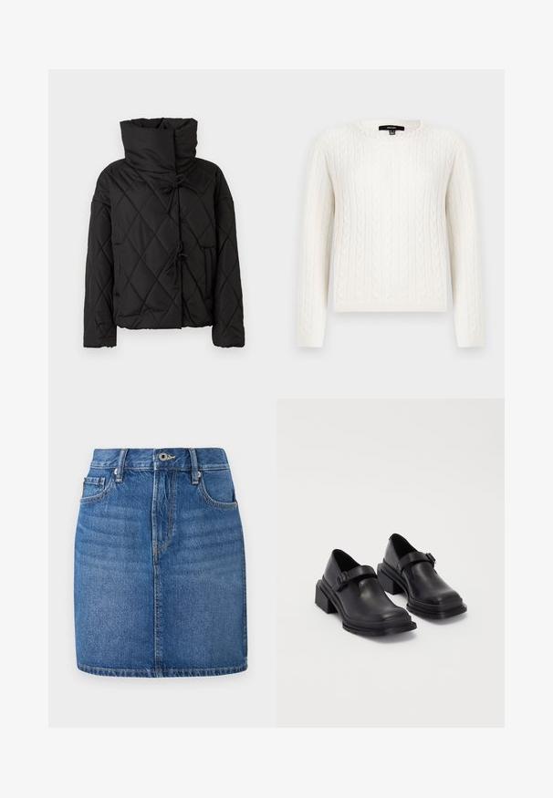 Fekete steppelt pufi dzseki magas gallérral, zsinóros záródással és két elülső zsebbel. Puha tapintású és oversized fazonú.; Fehér, kötött pulóver, hosszú ujjal, kerek dekoltázzsal és dekoratív gyöngyös díszítéssel a galléron. Puha tapintású és testhezálló fazon.; Kék farmer szoknya, egyenes szabású, derékpánttal, elülső zsebekkel és kopott hatással. Kontrasztos varrás és cipzáras záródás jellemzi.; Fekete bőr cipők lekerekített orral, lapos talppal és csattal díszített pánttal. Masszív blokk talp a megnövelt stabilitásért.