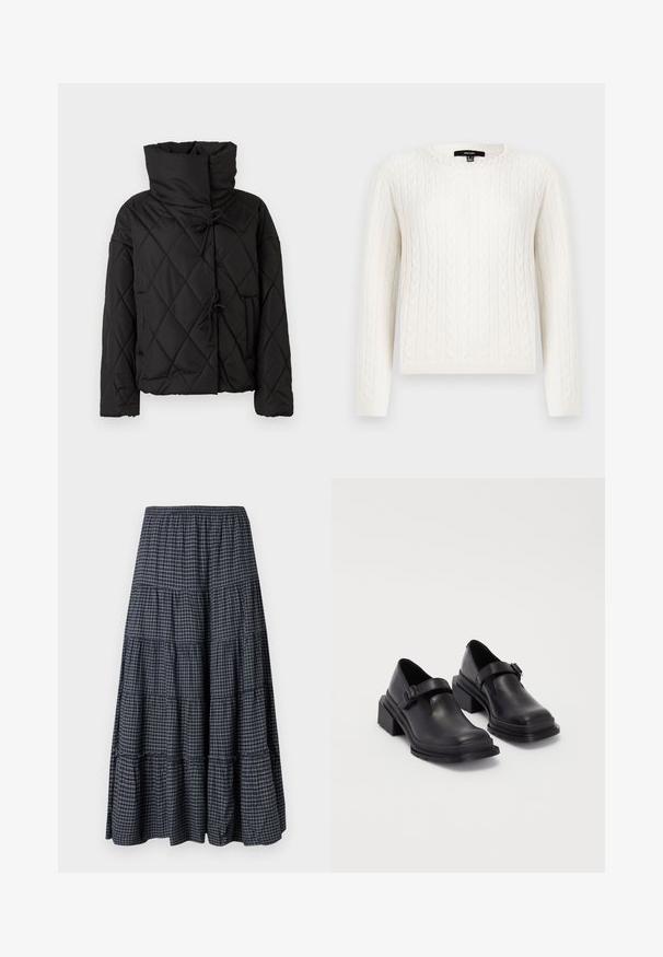 Mustikka vuorattu puffatakki, jossa on korkea kaulus, säätönyörit ja kaksi etutaskua. Pehmeä pinta ja ylisuuri istuvuus.; Valkoinen kabelineulepullovaihtoehto, jossa on pitkät hihat, pyöreä pääntie ja koristeellinen helmiyksityiskohta kauluksessa. Pehmeä tekstiili ja istuva muotoilu.; Monikerroksinen maksihame laivastonsinisessä ruutukuviossa, jossa on joustava vyötärönauha, useita kangaskerroksia ja pehmeä, teksturoitu pinta.; Mustat nahkakengät, joissa on pyöreä varvas, litteä pohja ja soljellinen hihna. Paksu lohkopohja lisää vakautta.