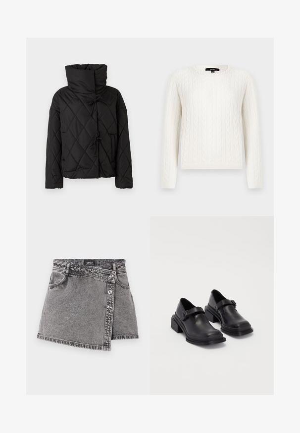 Veste matelassée noire avec col haut, dotée de fermetures à cordon et de deux poches avant. Texture douce et coupe oversize.; Pull en maille blanche avec des manches longues, un col rond et un accent décoratif en perles au niveau du col. Texture douce et design ajusté.; Jupe mini en denim gris avec une coupe asymétrique, ornée de détails en bouton argenté et d'une poche avant. Texture lisse et design décontracté.; Chaussures en cuir noir avec un bout arrondi, semelle plate et une sangle avec une boucle décorative. Talon épais pour plus de stabilité.