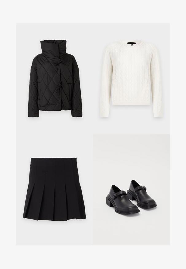 Chaqueta de plumas acolchada negra con un alto cuello, que presenta cierres ajustables y dos bolsillos frontales. Textura suave y ajuste oversize.; Suéter blanco de punto trenzado con mangas largas, cuello redondo y un acento decorativo de perlas en el cuello. Textura suave y diseño ajustado.; Falda negra con pliegues, con una cinturilla ajustada, hecha de una tela suave. Presenta múltiples pliegues verticales para una silueta estructurada.; Zapatos de cuero negros con punta redondeada, suela plana y una correa con detalle de hebilla. Tacón cuadrado grueso para mayor estabilidad.