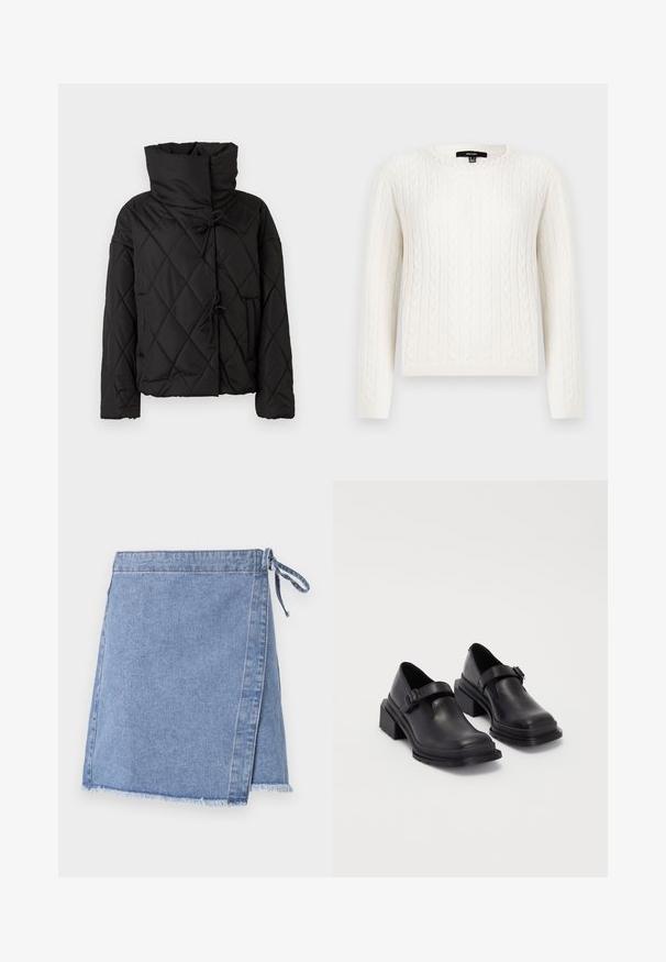 Must musternahk puffer-jakk, millel on kõrge krae, nööriga kinnitused ja kaks esikotti. Pehme tekstuur ja üleliigne lõige.; Valge kettaraami sall, millel on pikad varrukad, ümmargune kaelus ja dekoratiivne pärl kaeluse ääres. Pehme tekstuur ja keha lähedane disain.; Heled sinine denim seelik, mis on varustatud seotud kinnitusega, frillitud servaga ning sirge lõikega, millel on kerge A-line kuju.; Mustad mustad jalanõud ümmarguse varbaga, tasase tallaga ja kinnitusega rihmaga, millel on pandla detail. Suure plokknina, mis tagab lisastabiilsuse.