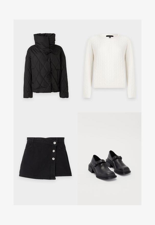Zwarte gewatteerde pufferjack met een hoge kraag, voorzien van trekkoordsluitingen en twee voorzakken. Zachte textuur en oversized pasvorm.; Witte kabelgebreide trui met lange mouwen, een ronde halslijn en een decoratieve parelaccent bij de kraag. Zachte textuur en aansluitend ontwerp.; Zwarte denim rok met een hoge taille, met een wikkeldesign, vijf zilveren knopen aan één zijde en twee zijzakken. Soepele textuur.; Zwarte leren schoenen met een ronde neus, platte zool en een band met een gespdetail. Stevige blokhak voor extra stabiliteit.