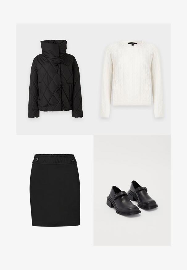Mustikka vuorattu puffatakki, jossa on korkea kaulus, säätönyörit ja kaksi etutaskua. Pehmeä pinta ja ylisuuri istuvuus.; Valkoinen kabelineulepullovaihtoehto, jossa on pitkät hihat, pyöreä pääntie ja koristeellinen helmiyksityiskohta kauluksessa. Pehmeä tekstiili ja istuva muotoilu.; Musta lyhyt hame, jossa on istuva muotoilu. Siinä on joustava vyötärö ja kaksi koristeellista metallikoristetta sivuilla. Luja pinta.; Mustat nahkakengät, joissa on pyöreä varvas, litteä pohja ja soljellinen hihna. Paksu lohkopohja lisää vakautta.