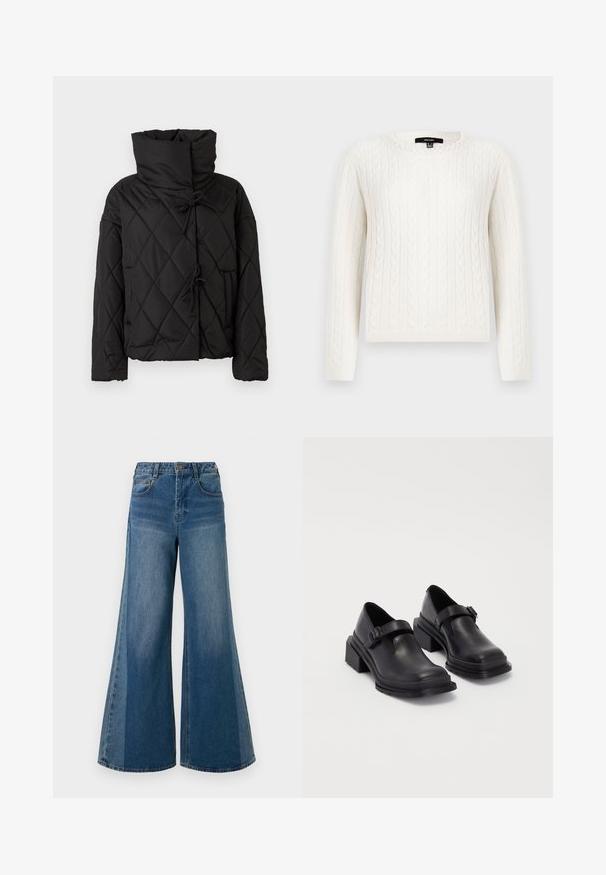 Sort quiltet pufferjakke med høj krave, featuring snorelukninger og to forsidelommer. Blød tekstur og oversized pasform.; Hvid kabelstrikket sweater med lange ærmer, rund halsudskæring og en dekorativ perleaccent ved kraven. Blød tekstur og tætsiddende design.; Bredde ben denimjeans i mørkeblå vask, med høj talje, fem lommer og klassisk knaplukning. Glat tekstur med minimal falming.; Sorte lædersko med rund tå, flad sål og en rem med spænde detaljer. Chunky blokhæl for øget stabilitet.