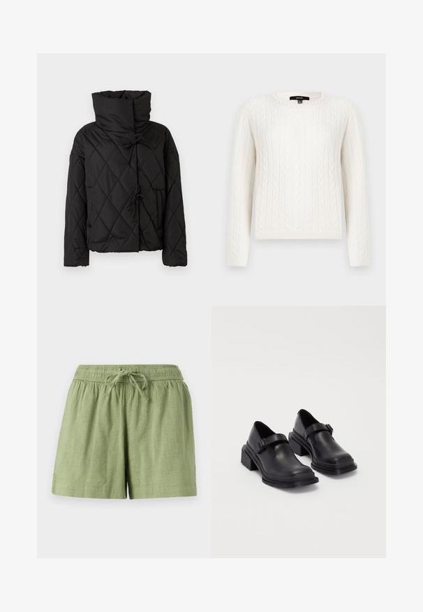 Svart kviltad puffjacka med hög krage, med dragsko-stängningar och två framfickor. Mjuk textur och oversized passform.; Vit kabelstickad tröja med långa ärmar, rund halsringning och en dekorativ pärlaccent vid kragen. Mjuk textur och figurnära design.; Ljusgröna bomullsshorts med elastisk midja och dragsko. Har sidofickor och en texturerad tygfinish.; Svart läderskor med rund tån, platt sula och ett band med spänne. Kraftig blockklack för ökad stabilitet.