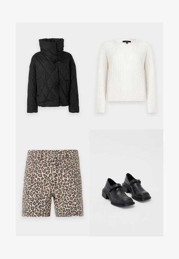 Czarna pikowana kurtka puchowa z wysokim kołnierzem, z zapięciem na sznurki i dwoma przednimi kieszeniami. Miękka tekstura i luźny krój.; Biały sweter z splotem w warkocze, z długimi rękawami, okrągłym dekoltem i ozdobnym akcentem z pereł w okolicy kołnierza. Miękka tekstura i dopasowany krój.; Szorty dżinsowe w panterkę w kolorze beżowym i czarnym. Klasyczny krój pięciu kieszeni z zapięciem na guzik i kieszeniami na pasek. Gładka tekstura.; Czarna skórzana obuwie z zaokrąglonym czubkiem, płaską podeszwą i paskiem z klamrą. Grubszy blokowy obcas dla dodatkowej stabilności.