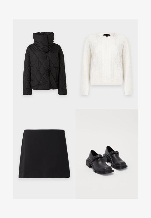 Čierna prešívaná puffa bunda s vysokým golierom, so sťahovacími šnúrkami a dvoma prednými vreckami. Mäkka textúra a nadmerný strih.; Biely sveter s pleteným vzorom, ktorý má dlhé rukávy, okrúhly výstrih a ozdobný perlový prvok na golieri. Mäkko sa nosí a je priliehavého strihu.; Čierna mini sukňa s rovnými strihom a hladkým povrchom, vystavená na bielom pozadí.; Čierne kožené topánky s okrúhlou špičkou, plochou podrážkou a remienkom s detailom pracky. Hrubý blokový opätok pre väčšiu stabilitu.