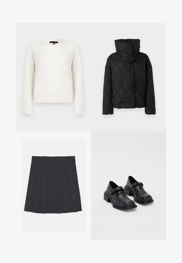 Μαύρο καπιτονέ μπουφάν με ψηλό γιακά, διαθέτοντας κλείσιμο με κορδόνια και δύο μπροστινές τσέπες. Μαλακή υφή και υπερμεγέθης εφαρμογή.; Λευκό πουλόβερ με πλέξη καλτσών που διαθέτει μακριά μανίκια, στρογγυλή λαιμόκοψη και διακοσμητική λεπτομέρεια από μαργαρίτες στην κολόνα. Μαλακή υφή και εφαρμοστή γραμμή.; Σκούρο γκρι πλισέ φούστα με ελαστική μέση, κατασκευασμένη από υφασμάτινο υλικό με υφή και κλασική A-line σιλουέτα. Κατάλληλη για καθημερινές εμφανίσεις.; Μαύρες δερμάτινες παπούτσια με στρογγυλή μύτη, επίπεδη σόλα και λουράκι με λεπτομέρεια από αγκράφα. Χοντρός τετράγωνος τακούνι για πρόσθετη σταθερότητα.