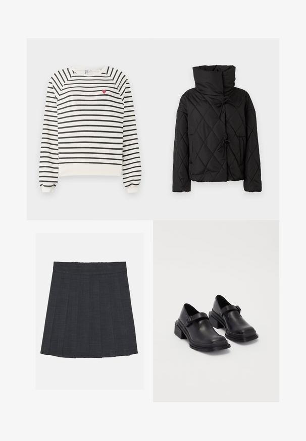 Black quilted puffer jacket with a high collar, featuring drawstring closures and two front pockets. Soft texture and oversized fit.; Striped sweatshirt in off-white and black with raglan sleeves, round neckline, and small red heart embroidery on the chest. Soft fabric.; Dark gray pleated skirt with an elastic waistband, featuring a textured fabric and a classic A-line silhouette. Suitable for casual wear.; Black leather shoes with a rounded toe, flat sole, and a strap with a buckle detail. Chunky block heel for added stability.
