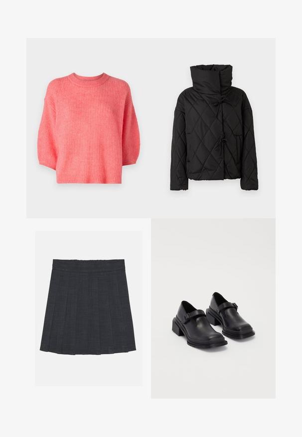 Juodas pūkuotas striukė su aukštu apykakle, su lace uždarymo ir dviem priekinių kišenių. Minkšta tekstūra ir per didelis fasonas.; Rožinė megzta megztinis, apvaliu kaklu, trumpas kirpimas, trumpos rankovės, tekstūruota medžiaga su laisvu siluetu, raukšlėtos kraštinės ir jokių matomų užsegimų.; Tamsiai pilka klostuota sijonas su elastinga juosta, pasižymintis tekstūruotu audiniu ir klasikinė A formos siluetu. Tinka kasdieniam dėvėjimui.; Juodos odinės bateliai su apvaliu priekiu, plokščiu padu ir dirželiu su sagtimi. Didelis blokinis kulnas, užtikrinantis papildomą stabilumą.