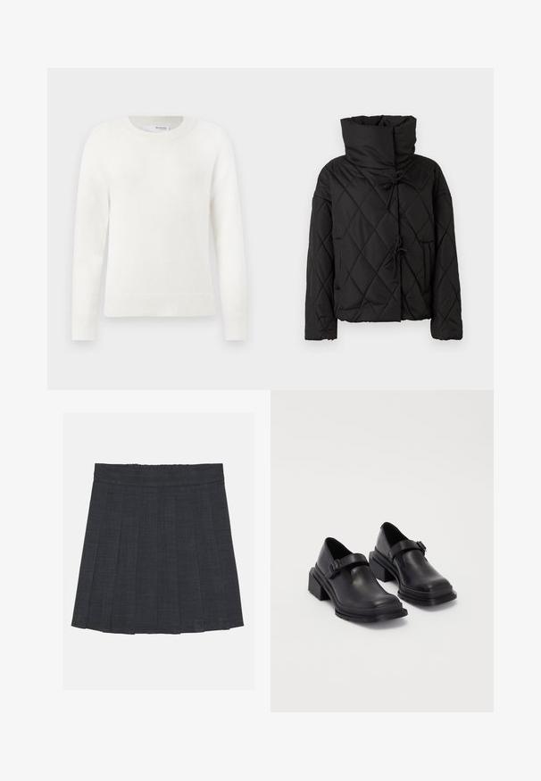 Casaco acolchoado preto com colarinho alto, apresentando fechos ajustáveis e dois bolsos frontais. Textura suave e corte oversized.; Suéter de malha de manga longa branco com punhos e barra canelados, e decote redondo, em fundo branco liso.; Saia pregueada cinza escuro com cintura elástica, apresentando um tecido texturizado e uma silhueta clássica em A. Adequada para uso casual.; Sapatos de couro pretos com um bico redondo, sola plana e uma fita com detalhe de fivela. Salto bloco robusto para maior estabilidade.