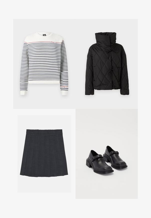 Čierna prešívaná puffa bunda s vysokým golierom, so sťahovacími šnúrkami a dvoma prednými vreckami. Mäkka textúra a nadmerný strih.; Biela a námornícky pruhovaná mikina s červenou výšivkou s nápisom "Šťastie". Má okrúhly výstrih a rebrované manžety. Mäkký bavlnený materiál.; Tmavošedá skladaná sukňa s elastickým pásom, s textúrovanou tkaninou a klasickým A-línkovým strihom. Vhodná na neformálne nosenie.; Čierne kožené topánky s okrúhlou špičkou, plochou podrážkou a remienkom s detailom pracky. Hrubý blokový opätok pre väčšiu stabilitu.