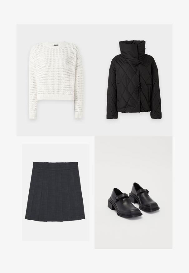 Giacca a vento nera trapuntata con collo alto, dotata di chiusure con cordino e due tasche frontali. Tessuto morbido e vestibilità oversize.; Maglione bianco lavorato a maglia con un motivo testurizzato, scollatura rotonda, maniche lunghe e polsini e orlo a coste. Design accorciato.; Gonna a pieghe grigio scuro con vita elastica, caratterizzata da un tessuto testurizzato e da una classica silhouette a trapezio. Adatta per un abbigliamento casual.; Scarpe in pelle nera con punta arrotondata, suola piatta e una cintura con dettaglio fibbia. Tacco a blocco spesso per una maggiore stabilità.
