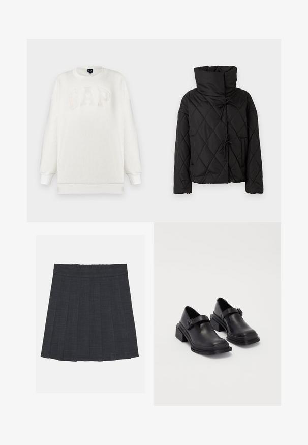 Svart quiltet pufferjakke med høy krage, med snøring og to frontlommer. Myk tekstur og oversized passform.; Hvit fleecegenser med rund hals, med preget "GAP"-logo i beige. Lange ermer med ribbede mansjetter og kant. Myk tekstur.; Mørkegrå plissert skjørt med elastisk midje, med teksturert stoff og en klassisk A-linje silhuett. Passer for hverdagsbruk.; Sorte lærersko med rund tå, flat såle og en rem med spenne-detalj. Kraftig blokkhæl for bedre stabilitet.