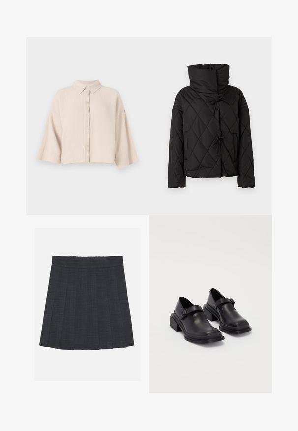 Casaco acolchoado preto com colarinho alto, apresentando fechos ajustáveis e dois bolsos frontais. Textura suave e corte oversized.; Camisa de manga curta, abotoada, em tecido bege claro e amassado. Apresenta um colarinho pontudo e mangas largas e soltas para um caimento descontraído.; Saia pregueada cinza escuro com cintura elástica, apresentando um tecido texturizado e uma silhueta clássica em A. Adequada para uso casual.; Sapatos de couro pretos com um bico redondo, sola plana e uma fita com detalhe de fivela. Salto bloco robusto para maior estabilidade.