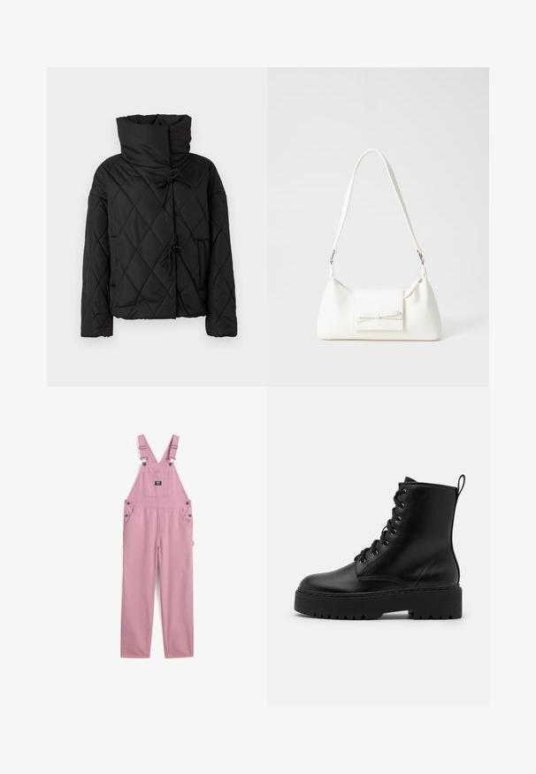 Sort quiltet pufferjakke med høj krave, featuring snorelukninger og to forsidelommer. Blød tekstur og oversized pasform.; Hvid langærmet crop top, lavet af blødt bomuld, med rund halsudskæring og en tætsiddende design med minimale sømme og ingen pynt.; Lyserøde bomulds overalls har justerbare skulderstropper, to frontlommer og en firkantet brystlomme med metalhardware detaljer.; Sort læder ankelstøvle med en tykk, tekstureret sål, rund tå og metaløjer til snørebånd. Har en løkke bagpå.; Hvid syntetisk håndtaske med en trekantet form, flad forsideklap og sløjfedetalje, justerbar strop, glat tekstur og minimalistisk design.