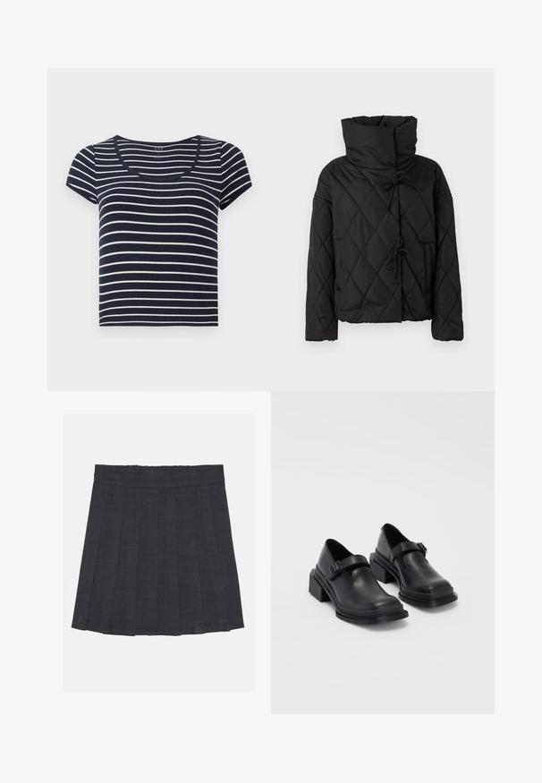 Czarna pikowana kurtka puchowa z wysokim kołnierzem, z zapięciem na sznurki i dwoma przednimi kieszeniami. Miękka tekstura i luźny krój.; Niebiesko-biała, w paski, krótko rękawowa koszulka z dekoltem w serek. Wykonana z miękkiego materiału, z równymi poziomymi paskami o różnych szerokościach.; Ciemnoszara spódnica plisowana z elastycznym pasem, wykonana z fakturowanej tkaniny, o klasycznym kroju A. Idealna do codziennych stylizacji.; Czarna skórzana obuwie z zaokrąglonym czubkiem, płaską podeszwą i paskiem z klamrą. Grubszy blokowy obcas dla dodatkowej stabilności.