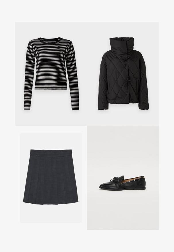 Fekete steppelt pufi dzseki magas gallérral, zsinóros záródással és két elülső zsebbel. Puha tapintású és oversized fazonú.; Hosszú ujjú fekete-fehér csíkos felső, bordázott textúrával és kerek nyakkivágással, egyenletes vízszintes csíkokkal.; Sötétszürke pliszírozott szoknya rugalmas derékkal, texturált anyagból, klasszikus A-vonalú sziluettel. Alkalmas mindennapi viseletre.; Fekete bőr lófarok cipők, megkötött masnival, arany szemcsés díszítéssel az oldalán és lapos gumitalppal. Simaság, klasszikus dizájn.