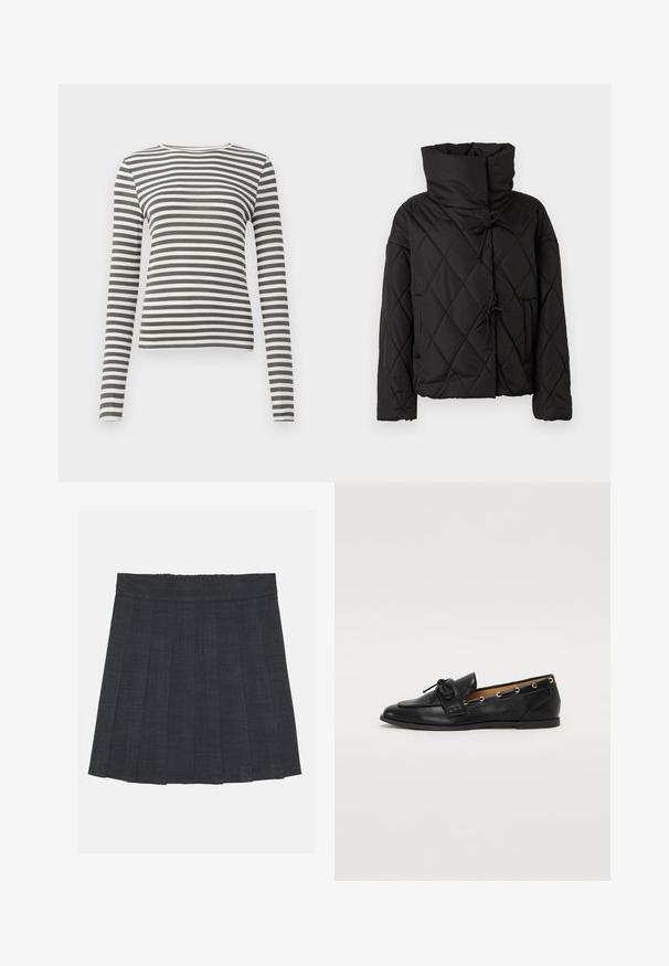 Fekete steppelt pufi dzseki magas gallérral, zsinóros záródással és két elülső zsebbel. Puha tapintású és oversized fazonú.; Olíva zöld és fehér csíkos, hosszú ujjú felső. Bordás textúra, kerek nyakú, és testhez simuló fazon. Nincs látható fémrész vagy díszítés.; Sötétszürke pliszírozott szoknya rugalmas derékkal, texturált anyagból, klasszikus A-vonalú sziluettel. Alkalmas mindennapi viseletre.; Fekete bőr lófarok cipők, megkötött masnival, arany szemcsés díszítéssel az oldalán és lapos gumitalppal. Simaság, klasszikus dizájn.