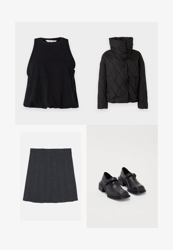 Svart quiltet pufferjakke med høy krage, med snøring og to frontlommer. Myk tekstur og oversized passform.; Sorte ermeløs topp laget av myk stoff, med en rund halslinje og en løs passform som faller lett nederst. Ingen synlige mønstre eller detaljer.; Mørkegrå plissert skjørt med elastisk midje, med teksturert stoff og en klassisk A-linje silhuett. Passer for hverdagsbruk.; Sorte lærersko med rund tå, flat såle og en rem med spenne-detalj. Kraftig blokkhæl for bedre stabilitet.