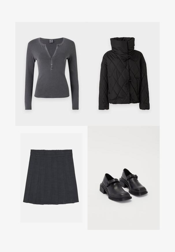 Giacca a vento nera trapuntata con collo alto, dotata di chiusure con cordino e due tasche frontali. Tessuto morbido e vestibilità oversize.; Maglia a maniche lunghe, grigia scura a costine con scollatura a V, pattina con tre bottoni e design aderente. Texture morbida e liscia con cuciture minime.; Gonna a pieghe grigio scuro con vita elastica, caratterizzata da un tessuto testurizzato e da una classica silhouette a trapezio. Adatta per un abbigliamento casual.; Scarpe in pelle nera con punta arrotondata, suola piatta e una cintura con dettaglio fibbia. Tacco a blocco spesso per una maggiore stabilità.