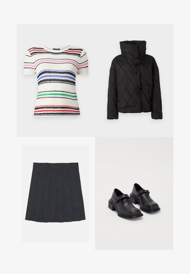 Must musternahk puffer-jakk, millel on kõrge krae, nööriga kinnitused ja kaks esikotti. Pehme tekstuur ja üleliigne lõige.; Lühikeste varrukatega topp ribatud valgest materjalist, millel on horisontaalsed triibud mustas, sinises, roosas, punases ja rohelises. Ümar kaelus, vormistav disain.; Tumeda hall pleediga seelik elastse vöökohaga, milles on tekstuuriga kangas ja klassikaline A-line siluett. Sobib igapäevaseks kandmiseks.; Mustad mustad jalanõud ümmarguse varbaga, tasase tallaga ja kinnitusega rihmaga, millel on pandla detail. Suure plokknina, mis tagab lisastabiilsuse.