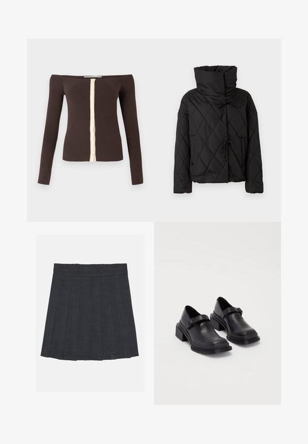 Veste matelassée noire avec col haut, dotée de fermetures à cordon et de deux poches avant. Texture douce et coupe oversize.; Haut côtelé à manches longues et épaules dénudées en marron foncé avec une patte de boutonnage crème au centre devant.; Jupe plissée gris foncé avec une taille élastique, dotée d'un tissu texturé et d'une silhouette A-line classique. Convient pour une tenue décontractée.; Chaussures en cuir noir avec un bout arrondi, semelle plate et une sangle avec une boucle décorative. Talon épais pour plus de stabilité.
