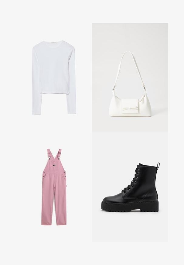 Black quilted puffer jacket with a high collar, featuring drawstring closures and two front pockets. Soft texture and oversized fit.; White long-sleeve crop top, made from soft cotton, featuring a round neckline and a fitted design with minimal seams and no embellishments.; Pink cotton overalls feature adjustable shoulder straps, two front pockets, and a square chest pocket, with metal hardware accents.; Black leather ankle boot with a thick, textured sole, round toe, and metal eyelets for laces. Features a pull tab on the back.; White synthetic handbag with a triangular shape, flat front flap and bow detail, adjustable strap, smooth texture, and minimalistic design.