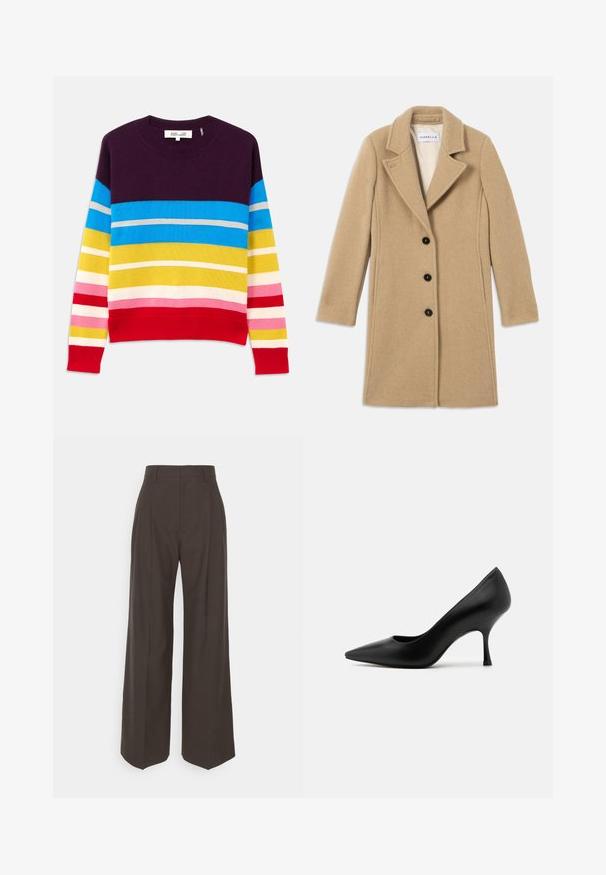 Bēšs vilnas mētelis ar griezuma apkakli, četriem melniem pogām un garām piedurknēm. Gluda faktūra ar vienkāršām līnijām un pielāgotu piegriezumu.; Adītas dūrai, kas rotātas ar horizontālām svītrām purpursarkanā, zilā, dzeltenā, rozā un sarkanā krāsā. Ribota apkakle un apakšmala. Mīksta tekstūra, ikdienišķs dizains.; Tumši brūni platajiem galiem bikses ar augstu jostasvietu, kas pieejamas ar uzmanīgi presētām krokām, gludu tekstūru un pielāgotu piegriezumu.; Melnas ādas augstpapēžu kurpes ar smailu purngalu un slaidu papēdi, ar gludu tekstūru un klasisku siluetu.