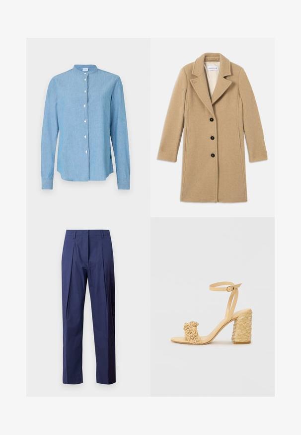 Palton bej din lână cu rever și patru nasturi negri, cu mâneci lungi. Textură netedă, cu linii curate și croială ajustată.; Cămașă albastru deschis, cu butoni din denim. Prezintă un guler rotund, mâneci lungi și nasturi perlați pe față.; Pantaloni bleumarin confecționați dintr-un material ușor, cu un croi drept, pliuri frontale și o textură netedă.; Sandalie cu toc înalt bej, cu o textură împletită, având o floare decorativă și curea pentru gleznă. Tocul pătrat oferă stabilitate.